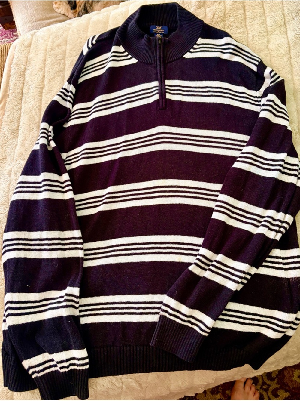 Brooks Brothers Navy and White Striped Zip-Up Sweater